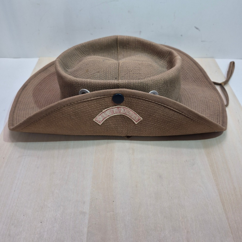 Vintage Vietnam Patch Safari Sun Hat Tan Woven Wide Brim Bush Hat with Strap